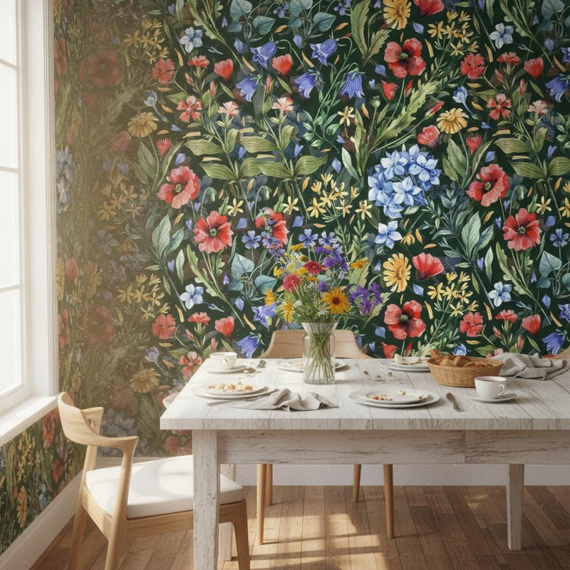 Wildflower Meadow Wallpaper | Dark Green Poppy Botanical Wall Mural | Colorful Garden Decor | Peel and Stick Removable Wallpaper