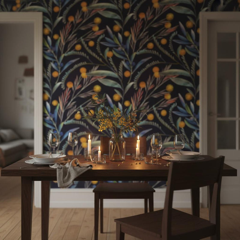 Dark Mimosa Wallpaper | Navy Black Botanical Wall Mural | Gold Yellow Eucalyptus Decor | Peel and Stick Removable Wallpaper