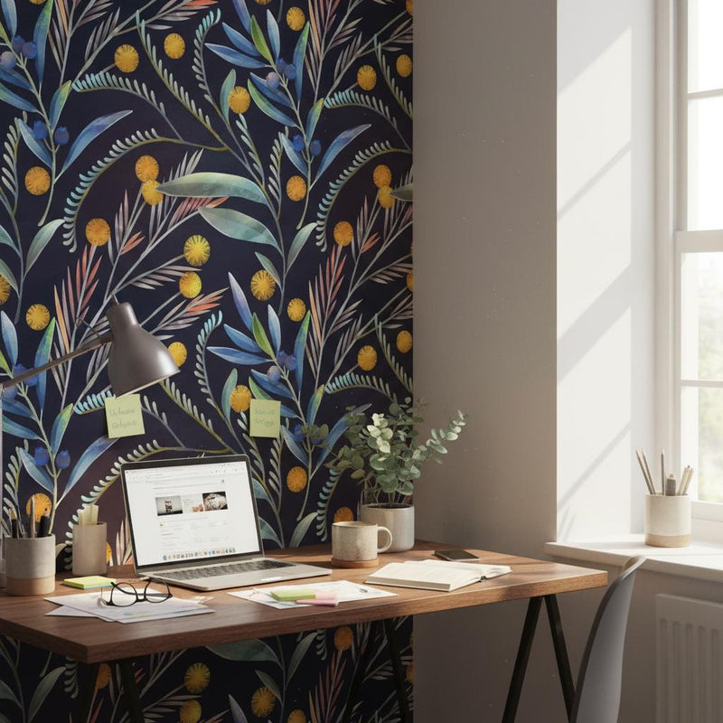 Dark Mimosa Wallpaper | Navy Black Botanical Wall Mural | Gold Yellow Eucalyptus Decor | Peel and Stick Removable Wallpaper