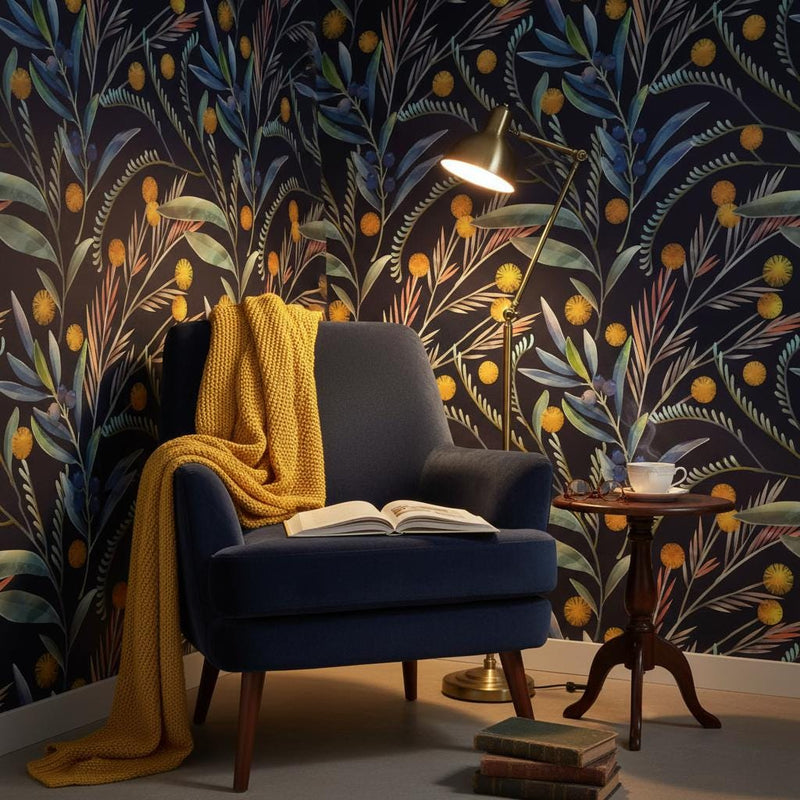 Dark Mimosa Wallpaper | Navy Black Botanical Wall Mural | Gold Yellow Eucalyptus Decor | Peel and Stick Removable Wallpaper