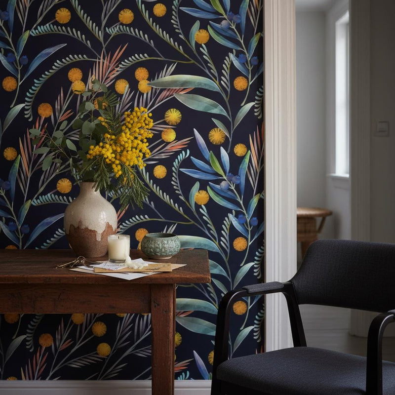 Dark Mimosa Wallpaper | Navy Black Botanical Wall Mural | Gold Yellow Eucalyptus Decor | Peel and Stick Removable Wallpaper