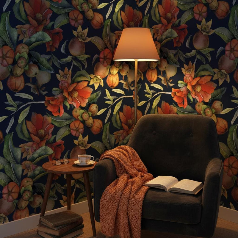 Pomegranate Wallpaper | Dark Navy Botanical Wall Mural | Orange Red Fruit Floral Decor | Peel and Stick Removable Wallpaper