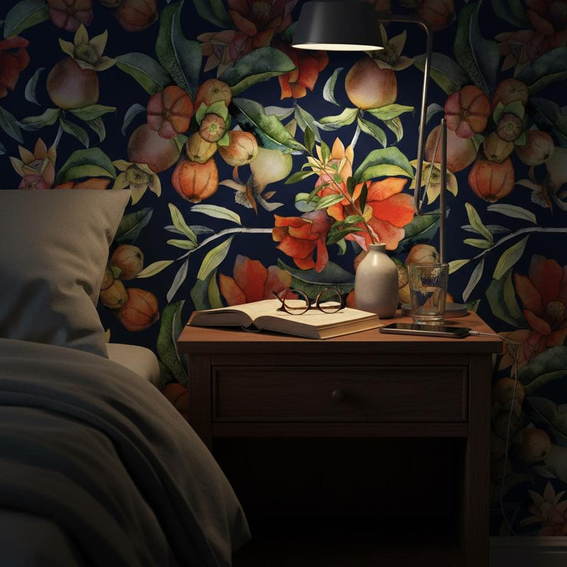 Pomegranate Wallpaper | Dark Navy Botanical Wall Mural | Orange Red Fruit Floral Decor | Peel and Stick Removable Wallpaper