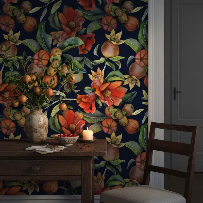 Pomegranate Wallpaper | Dark Navy Botanical Wall Mural | Orange Red Fruit Floral Decor | Peel and Stick Removable Wallpaper