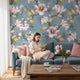 Magnolia Wallpaper | Blue Pink Floral Wall Mural | Spring Botanical Decor | Peel and Stick Removable Wallpaper