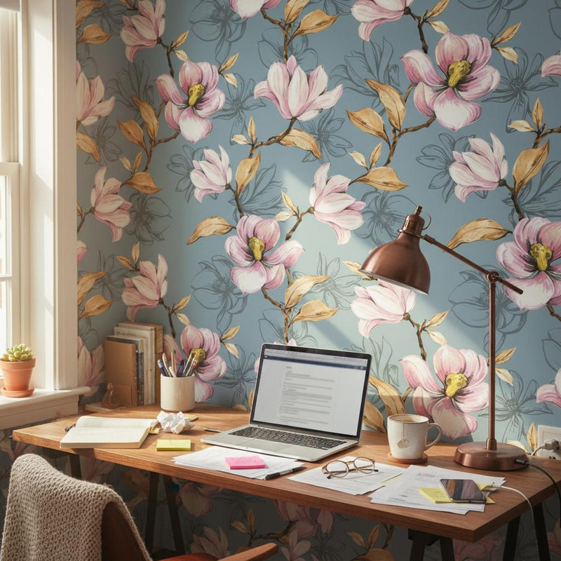 Magnolia Wallpaper | Blue Pink Floral Wall Mural | Spring Botanical Decor | Peel and Stick Removable Wallpaper
