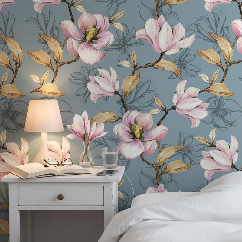 Magnolia Wallpaper | Blue Pink Floral Wall Mural | Spring Botanical Decor | Peel and Stick Removable Wallpaper