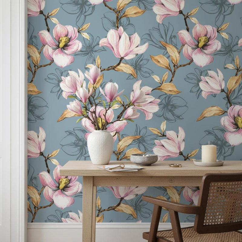 Magnolia Wallpaper | Blue Pink Floral Wall Mural | Spring Botanical Decor | Peel and Stick Removable Wallpaper