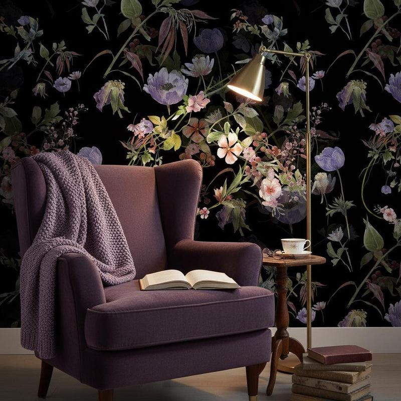 Dark Floral Wallpaper | Moody Black Botanical Wall Mural | Purple Anemone Maximalist Decor | Peel and Stick Removable Wallpaper