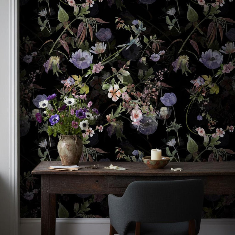 Dark Floral Wallpaper | Moody Black Botanical Wall Mural | Purple Anemone Maximalist Decor | Peel and Stick Removable Wallpaper