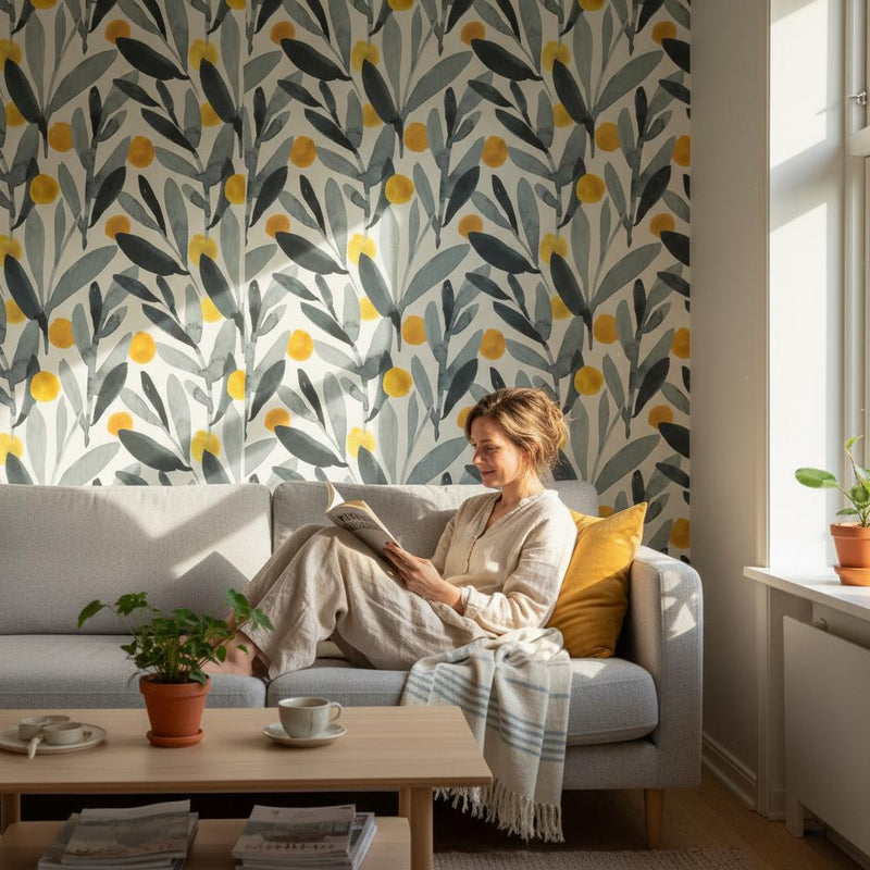 Scandinavian Botanical Wallpaper | Olive Leaf  Wall Mural | Nordic Minimalist Decor | Peel and Stick Removable Wallpaper