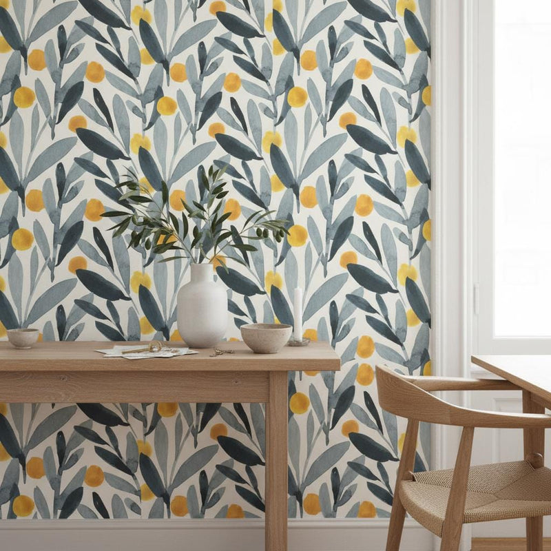 Scandinavian Botanical Wallpaper | Olive Leaf  Wall Mural | Nordic Minimalist Decor | Peel and Stick Removable Wallpaper