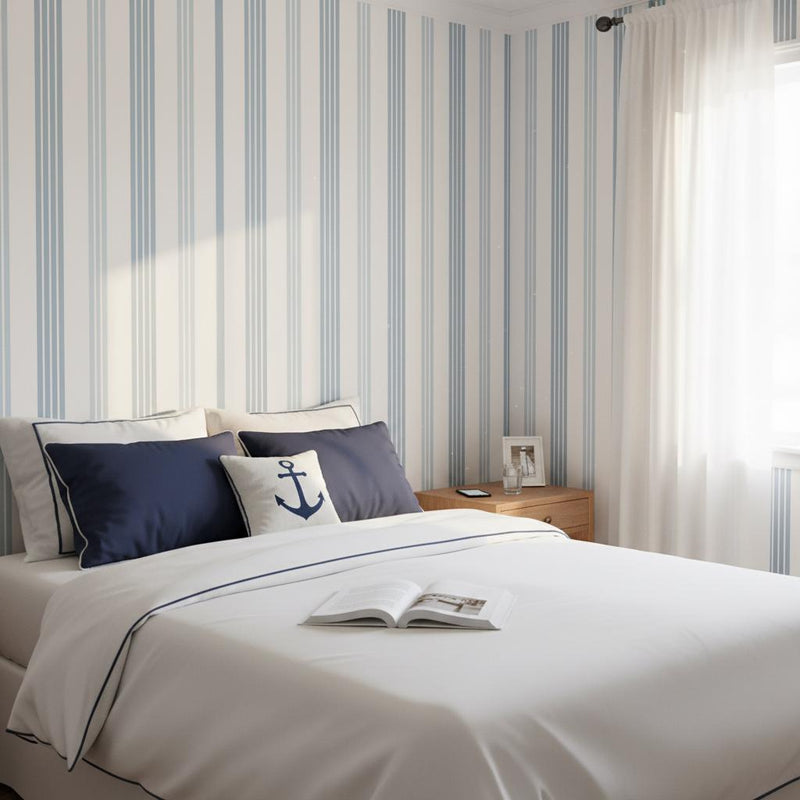 Blue Stripe Wallpaper | Classic Coastal Vertical Stripe Wall Mural | Navy White Preppy Decor | Peel and Stick Removable Wallpaper