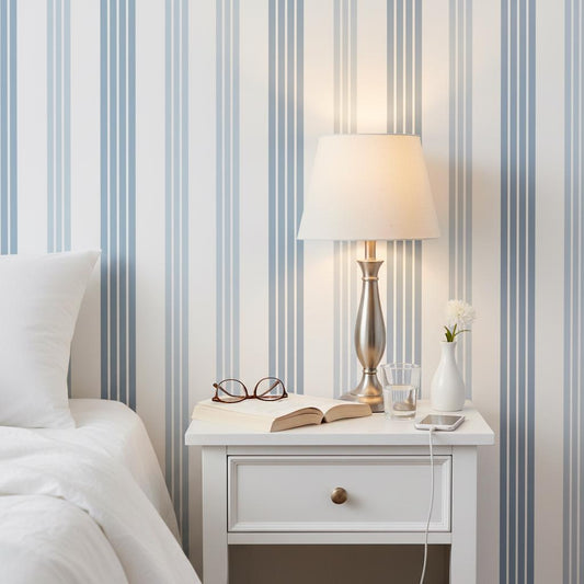 Blue Stripe Wallpaper | Classic Coastal Vertical Stripe Wall Mural | Navy White Preppy Decor | Peel and Stick Removable Wallpaper