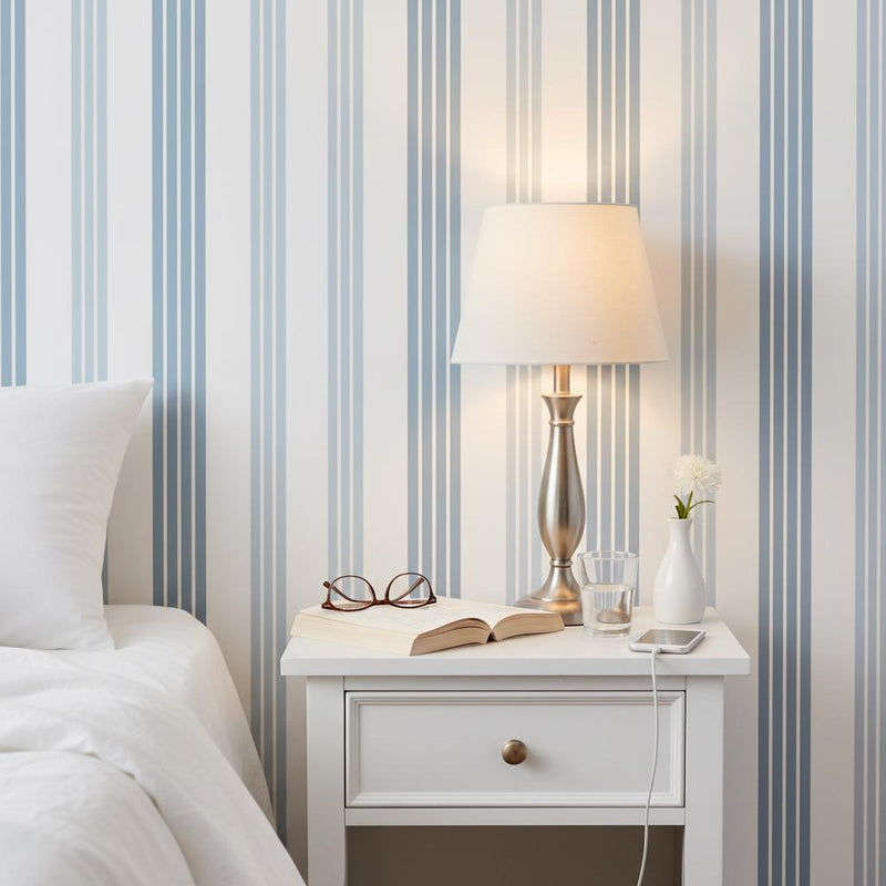 Blue Stripe Wallpaper | Classic Coastal Vertical Stripe Wall Mural | Navy White Preppy Decor | Peel and Stick Removable Wallpaper