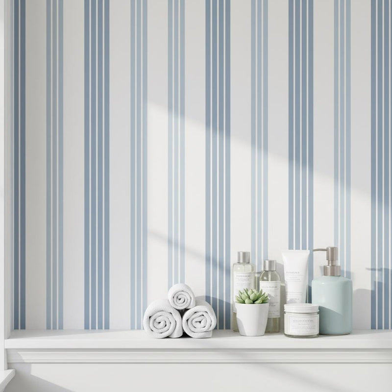 Blue Stripe Wallpaper | Classic Coastal Vertical Stripe Wall Mural | Navy White Preppy Decor | Peel and Stick Removable Wallpaper