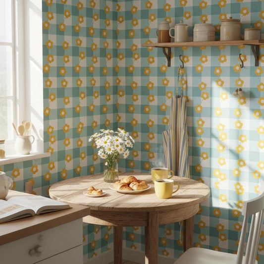 Retro Daisy Gingham Wallpaper | Blue Yellow Checkered Floral Wall Mural | Cottagecore Kids Decor | Peel and Stick Removable Wallpaper