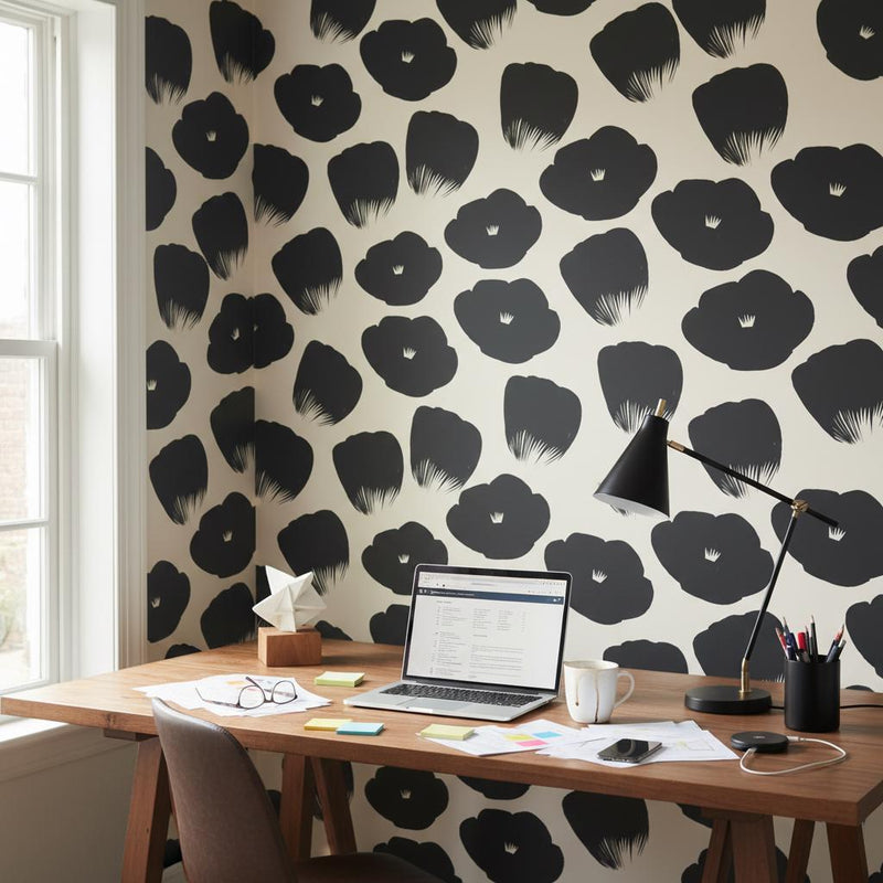 Black Poppy Wallpaper | Bold Minimalist Floral Wall Mural | Cream Black Graphic Decor | Peel and Stick Removable Wallpaper