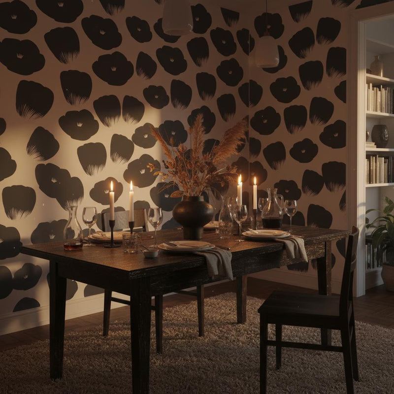 Black Poppy Wallpaper | Bold Minimalist Floral Wall Mural | Cream Black Graphic Decor | Peel and Stick Removable Wallpaper