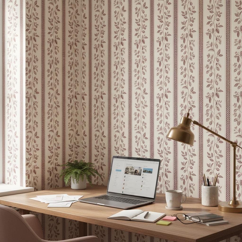 Vintage Botanical Stripe Wallpaper | Burgundy English Country Wall Mural | Classic Cottage Decor | Peel and Stick Removable Wallpaper