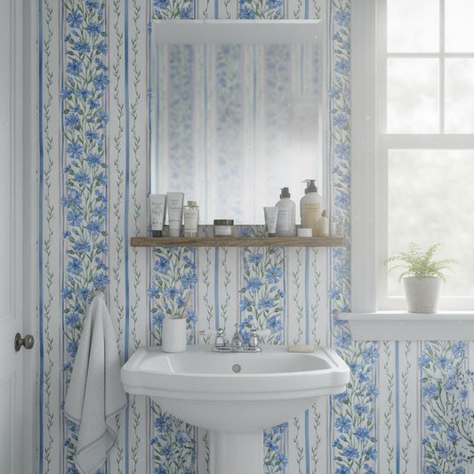Botanical Stripe Wallpaper | Blue Leaf | Elegant Vertical Stripes | Peel and Stick| Cottage Garden