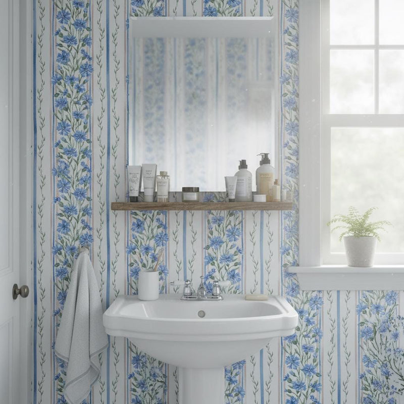 Botanical Stripe Wallpaper | Blue Leaf | Elegant Vertical Stripes | Peel and Stick| Cottage Garden