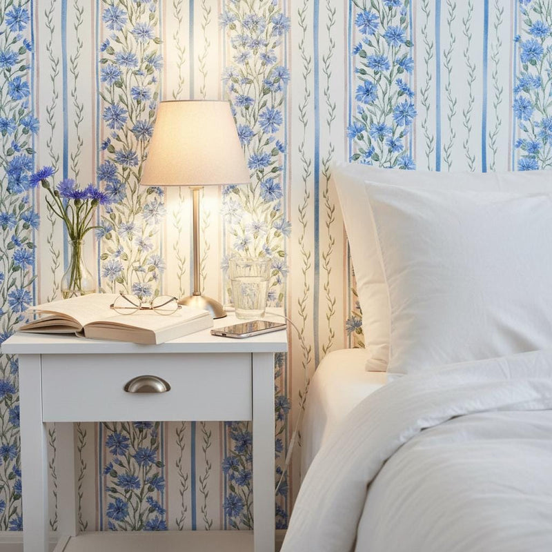 Botanical Stripe Wallpaper | Blue Leaf | Elegant Vertical Stripes | Peel and Stick| Cottage Garden