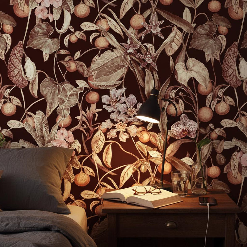 Dark Tropical Botanical Wallpaper | Burgundy Mandarin Orchid Anthurium Wall Mural | Luxury Exotic Decor | Peel and Stick Removable Wallpaper
