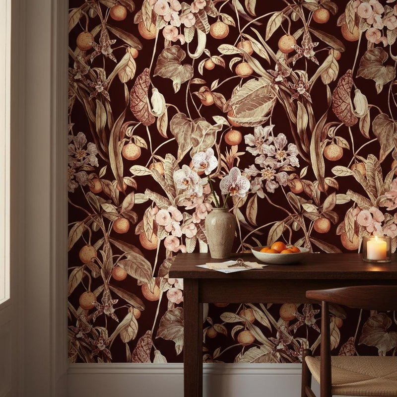 Dark Tropical Botanical Wallpaper | Burgundy Mandarin Orchid Anthurium Wall Mural | Luxury Exotic Decor | Peel and Stick Removable Wallpaper