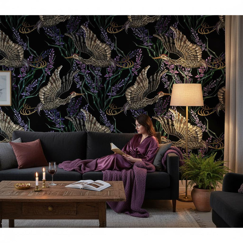 Japanese Crane Wallpaper Bird Wall Mural | Art Nouveau Luxury Decor | Peel and Stick Removable Wallpaper