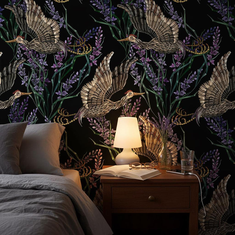 Japanese Crane Wallpaper Bird Wall Mural | Art Nouveau Luxury Decor | Peel and Stick Removable Wallpaper