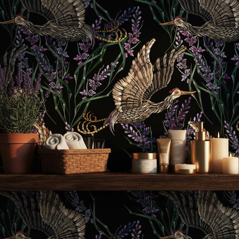 Japanese Crane Wallpaper Bird Wall Mural | Art Nouveau Luxury Decor | Peel and Stick Removable Wallpaper