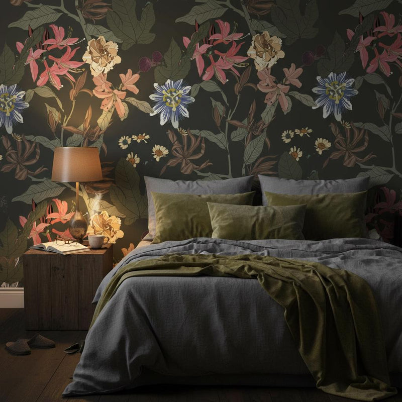 Dark Botanical Wallpaper | Olive Passionflower Lily Rose Wall Mural | Moody Garden Decor | Peel and Stick Removable Wallpaper