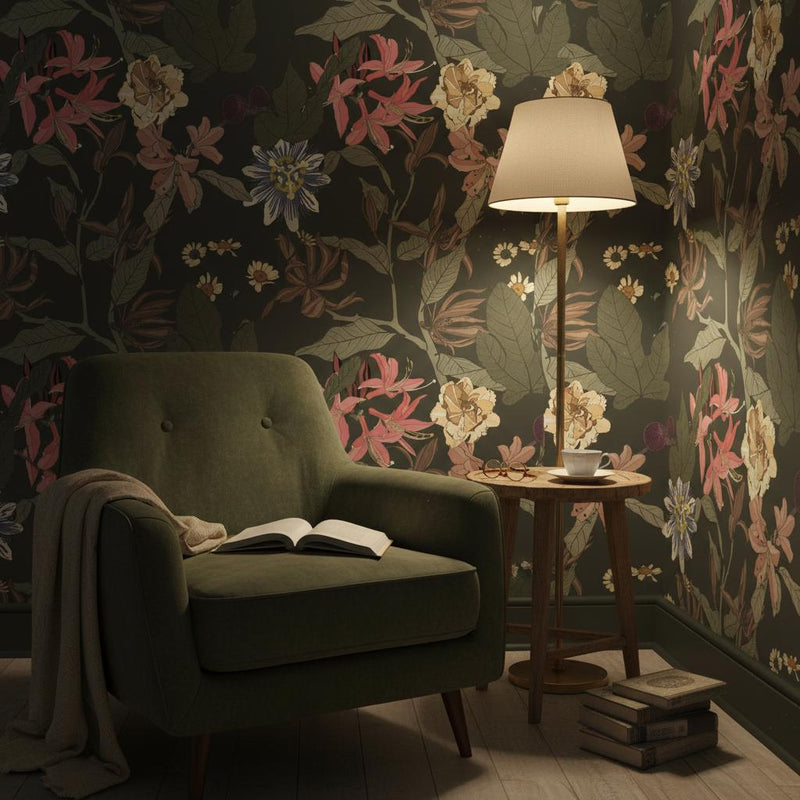 Dark Botanical Wallpaper | Olive Passionflower Lily Rose Wall Mural | Moody Garden Decor | Peel and Stick Removable Wallpaper