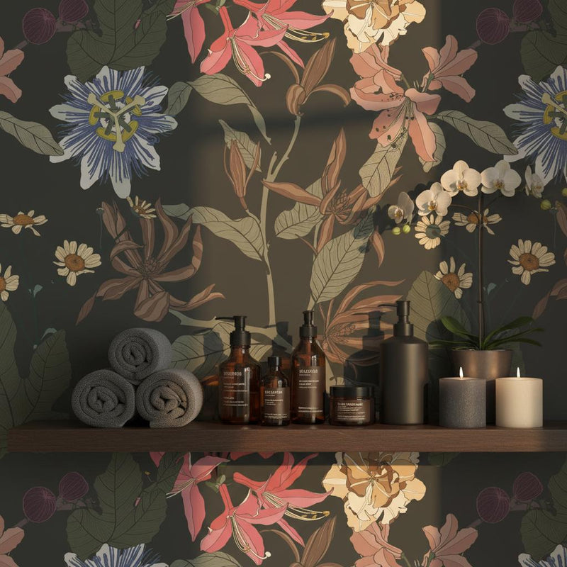 Dark Botanical Wallpaper | Olive Passionflower Lily Rose Wall Mural | Moody Garden Decor | Peel and Stick Removable Wallpaper