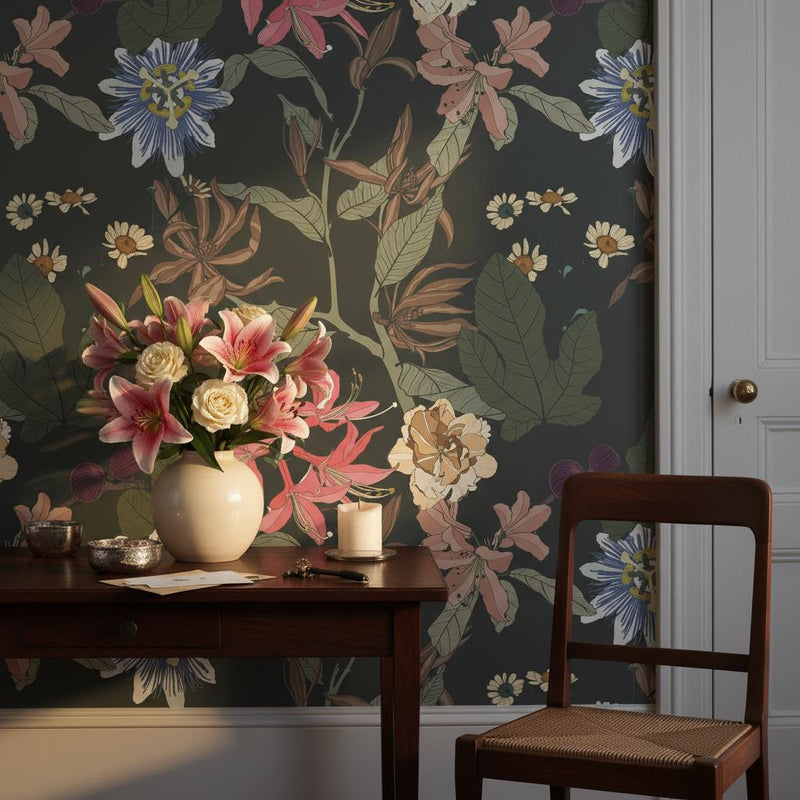 Dark Botanical Wallpaper | Olive Passionflower Lily Rose Wall Mural | Moody Garden Decor | Peel and Stick Removable Wallpaper