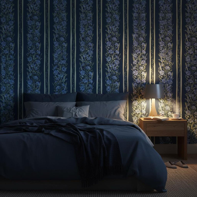Dark Navy Wallpaper | Blue Botanical Stripe Wall Mural | Moody Floral Garden Decor | Peel and Stick Removable Wallpaper