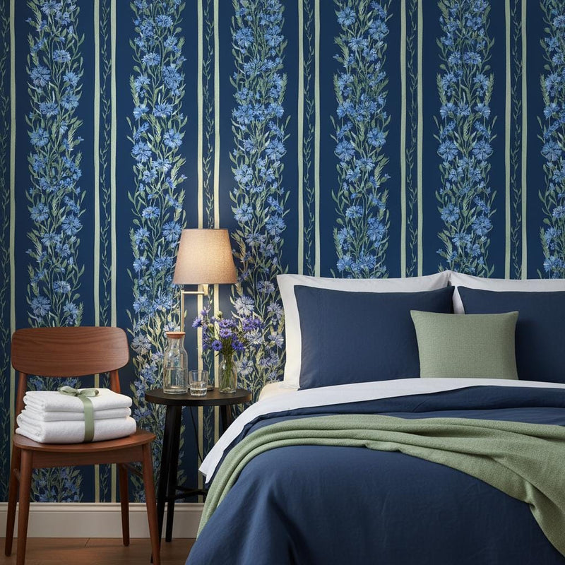 Dark Navy Wallpaper | Blue Botanical Stripe Wall Mural | Moody Floral Garden Decor | Peel and Stick Removable Wallpaper