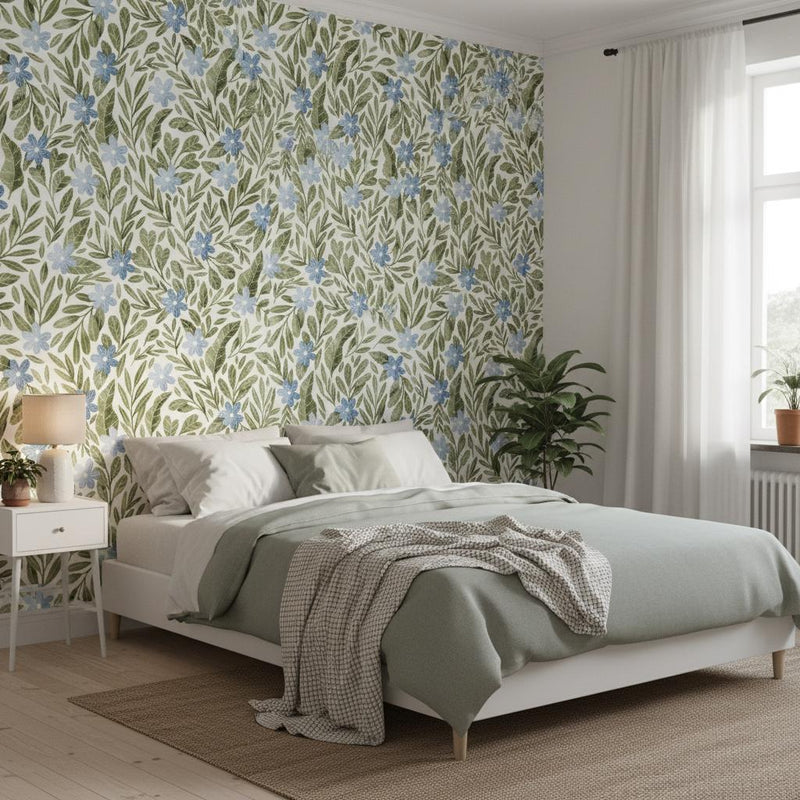 Floral Wallpaper Peel and Stick | Botanical Leaves Wall Mural | Scandinavian Garden | Removable Wallpaper Roll | Bedroom Living Room
