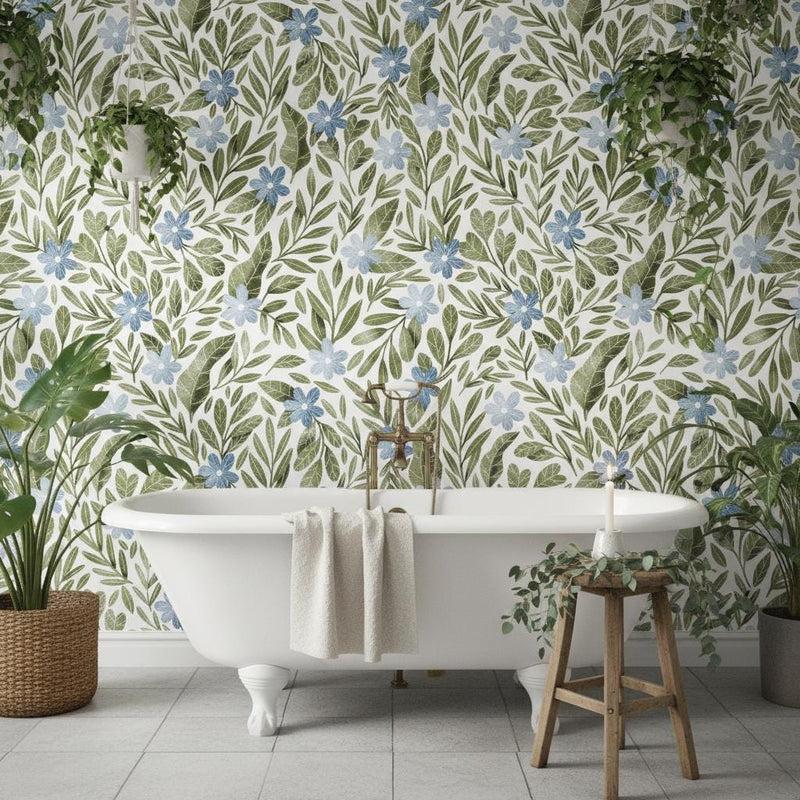 Floral Wallpaper Peel and Stick | Botanical Leaves Wall Mural | Scandinavian Garden | Removable Wallpaper Roll | Bedroom Living Room