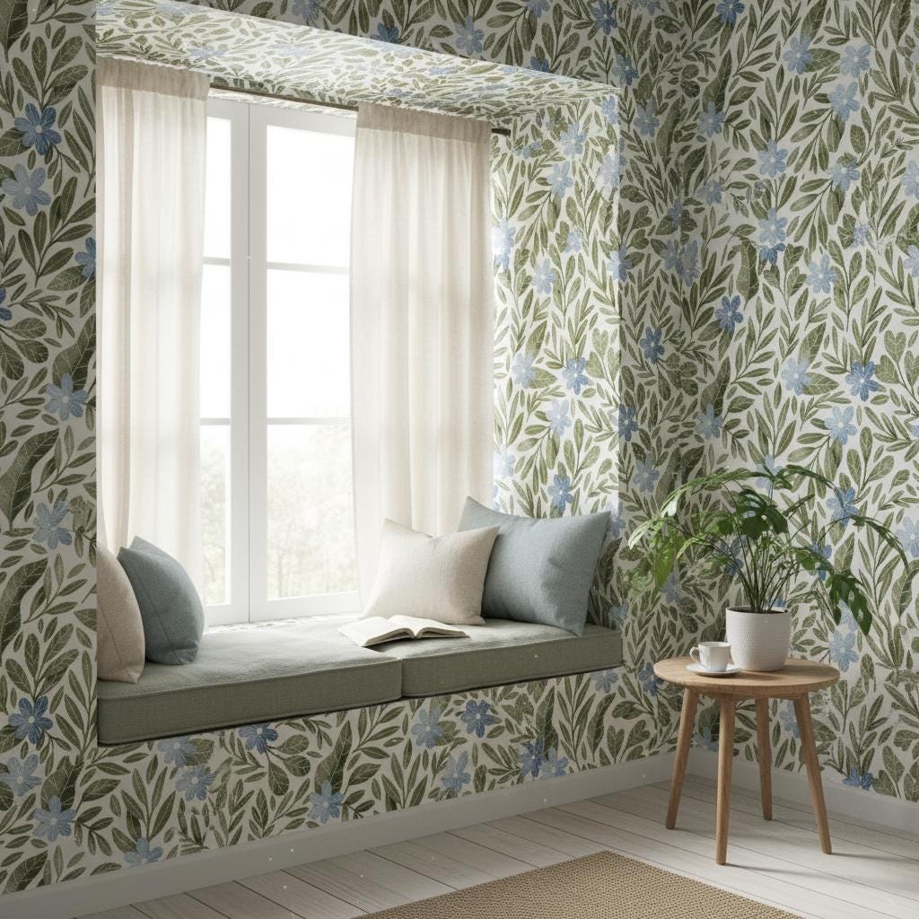 Floral Wallpaper Peel and Stick | Botanical Leaves Wall Mural | Scandinavian Garden | Removable Wallpaper Roll | Bedroom Living Room