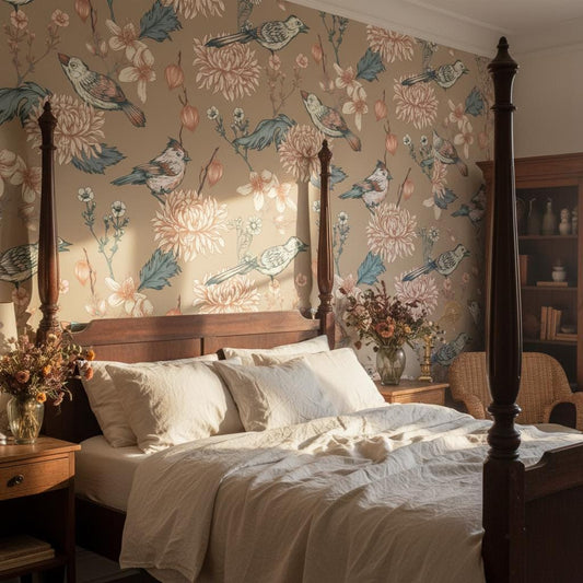Vintage Birds Wallpaper Peel and Stick | Botanical Wall Mural | Japanese Floral Removable Wallpaper | Bedroom Decor