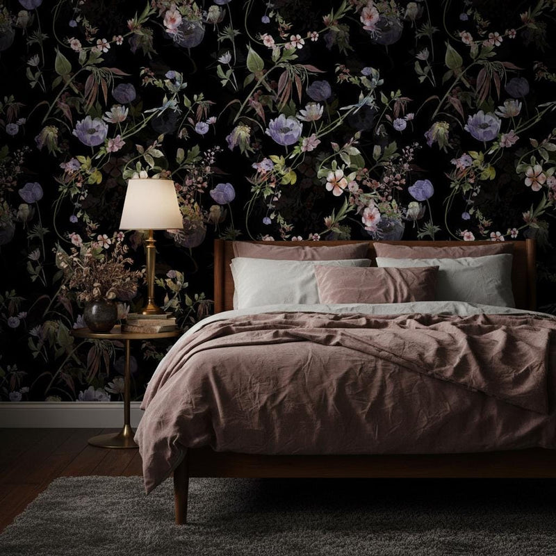 Dark Floral Wallpaper Peel and Stick | Moody Botanical Wall Mural | Black Background Flower | Dark Academia Decor | Removable Wallpaper