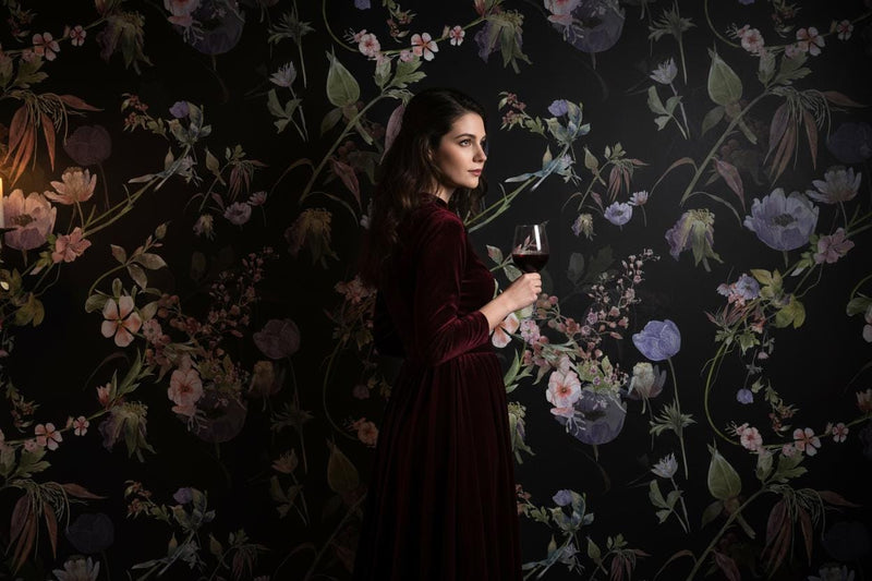 Dark Floral Wallpaper Peel and Stick | Moody Botanical Wall Mural | Black Background Flower | Dark Academia Decor | Removable Wallpaper