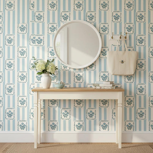 Folk Floral Stripe Wallpaper Peel and Stick | Blue Cream Striped Wall Mural | Cottage Grandmillennial Decor | Removable Wallpaper Roll