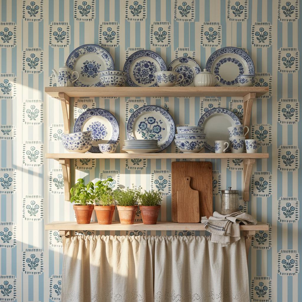 Folk Floral Stripe Wallpaper Peel and Stick | Blue Cream Striped Wall Mural | Cottage Grandmillennial Decor | Removable Wallpaper Roll