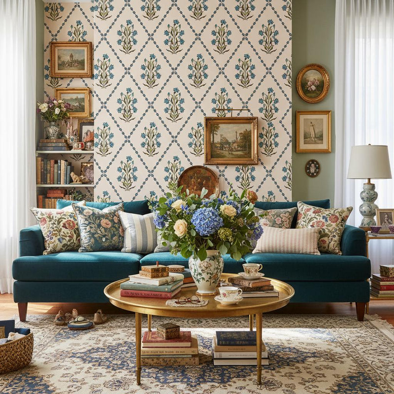 Mughal Floral Wallpaper Peel and Stick | Blue Trellis Botanical Wall Mural | Indian Decor | Removable Wallpaper Roll