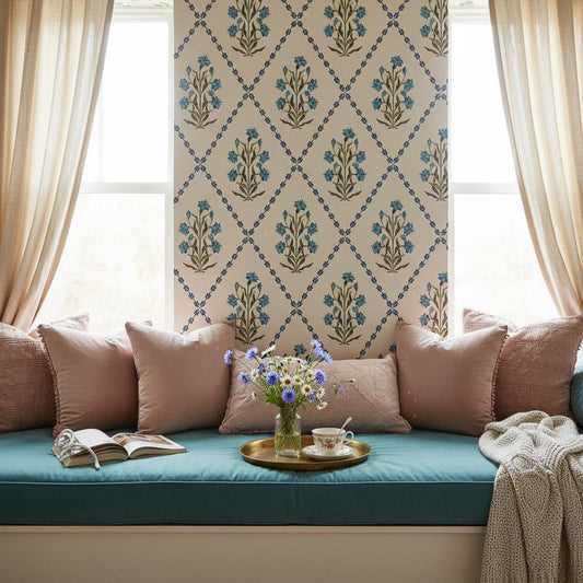 Mughal Floral Wallpaper Peel and Stick | Blue Trellis Botanical Wall Mural | Indian Decor | Removable Wallpaper Roll
