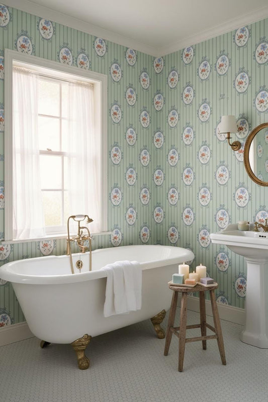 Vintage Floral Wallpaper Bedroom | Mint Green Cottage Wallpaper | Botanical Stripe Wall Decor