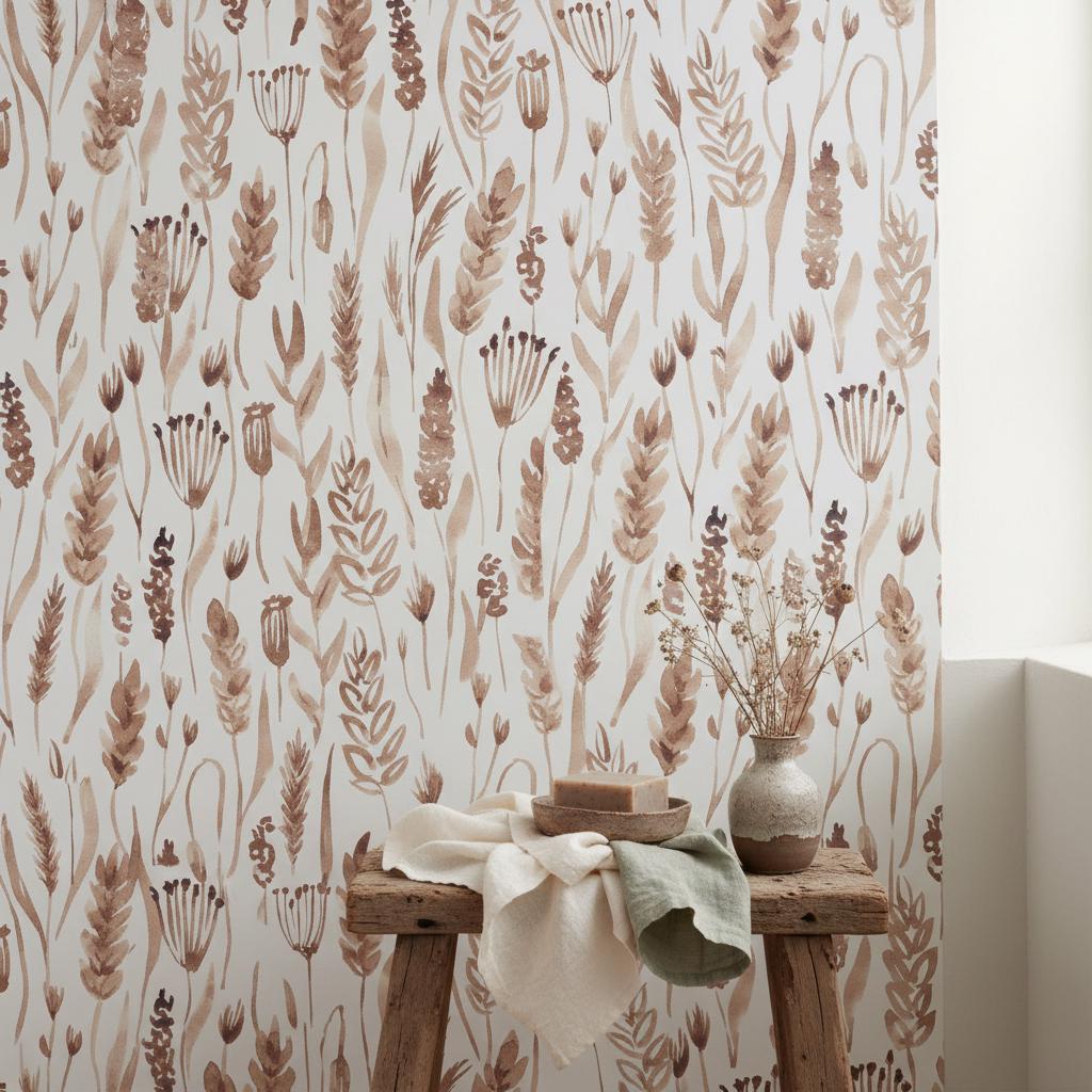 Watercolor Botanical Wallpaper | Beige Wheat Grass Wall Decor | Organic Minimalist Wallpaper for Bedroom Living Room